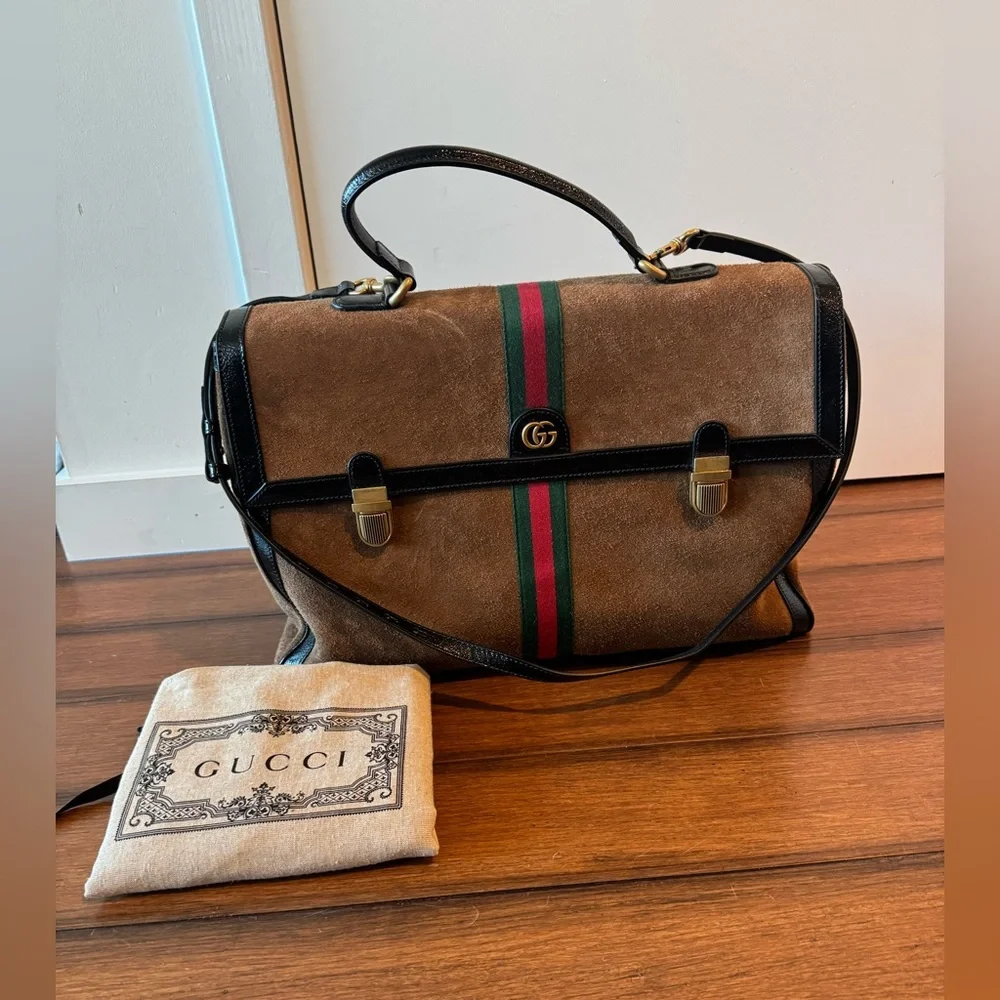 Gucci Brown Suede Briefcase with Green and Red Web Stripe